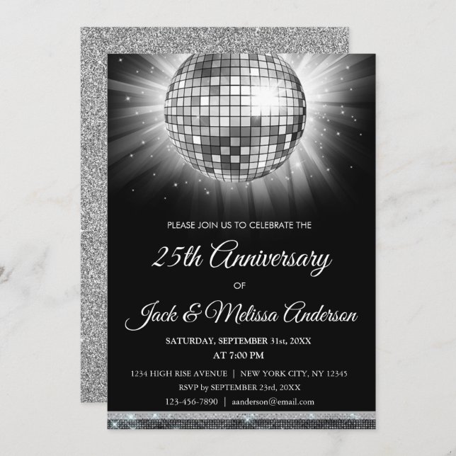 25th Wedding Anniversary Party Silver Disco Ball Invitation (Front/Back)
