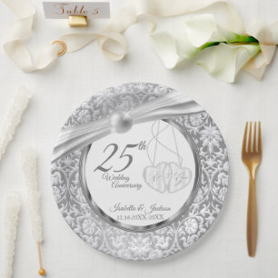 25th Wedding Anniversary - Pearl White and Silver Paper Plate