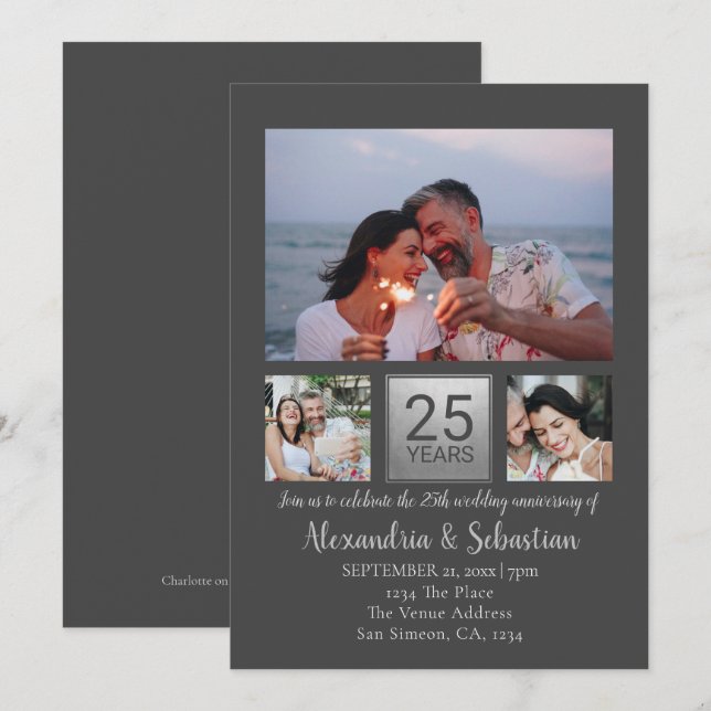 25th Wedding Anniversary Personalised Grey Silver Invitation (Front/Back)