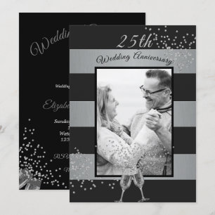25th Wedding Anniversary Photo Black Silver Invitation