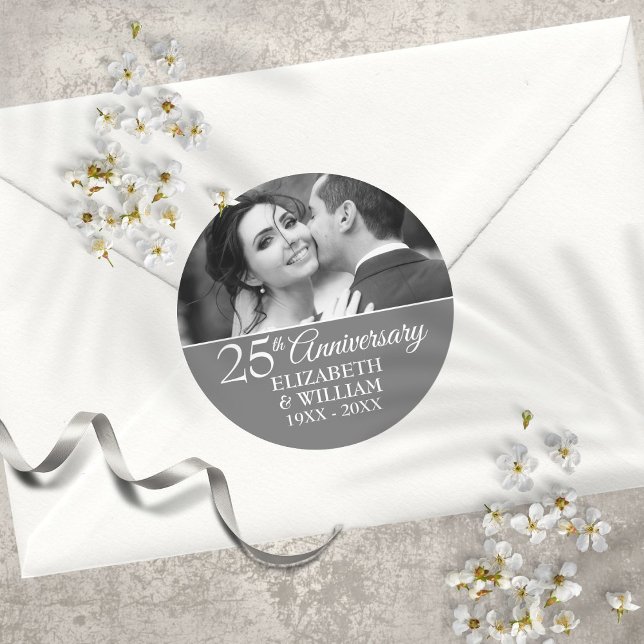 25th Wedding Anniversary Photo Elegant Silver Classic Round Sticker (25th Wedding Anniversary Photo Elegant Silver Classic Round Sticker)