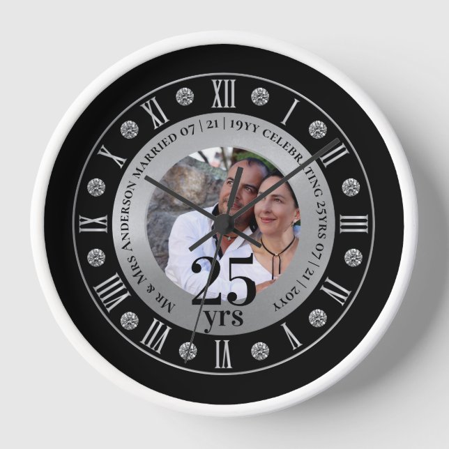 25th Wedding Anniversary PHOTO Gift Silver Jubilee Clock (Front)