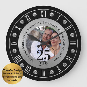 25th Wedding Anniversary PHOTO Gift Silver Jubilee Large Clock