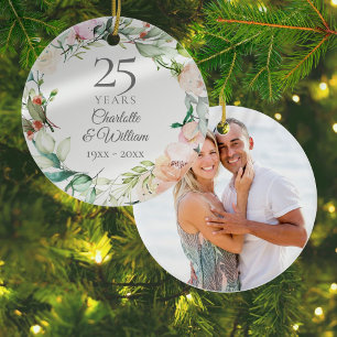 25th Wedding Anniversary Photo Roses Garland Ceramic Ornament