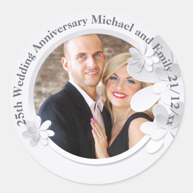 25th Wedding ANNIVERSARY PHOTO Silver Classic Round Sticker (Front)
