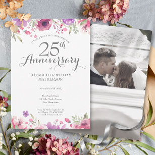 25th Wedding Anniversary Photo Watercolor Roses Invitation