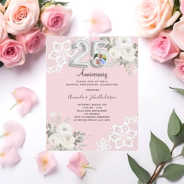 25th wedding anniversary pink photo invitation (Creator Uploaded)