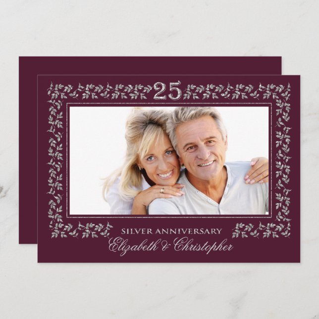 25th Wedding Anniversary Plum Silver Photo Invitation (Front/Back)