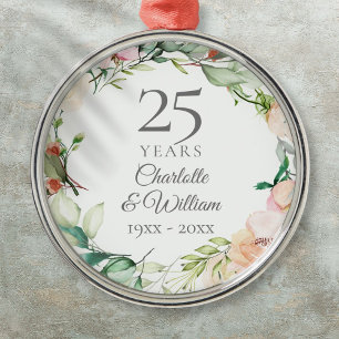 25th Wedding Anniversary Roses Floral Garland  Metal Ornament