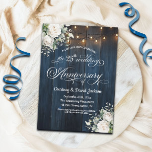 25th Wedding Anniversary Rustic Blue String Lights Invitation