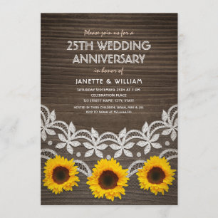 25th Wedding Anniversary Rustic Sunflowers Lace Invitation