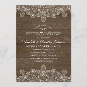 25th Wedding Anniversary Rustic Wood Country Lace Invitation