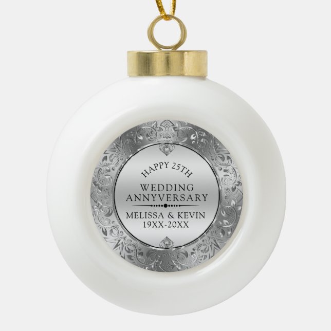 25th Wedding Anniversary Shiny Floral Silver Frame Ceramic Ball Christmas Ornament (Front)