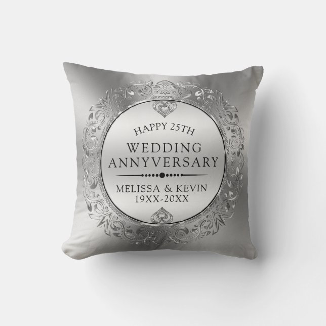 25th Wedding Anniversary Shiny Floral Silver Frame Cushion (Front)
