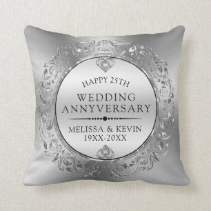 25th Wedding Anniversary Shiny Floral Silver Frame Cushion