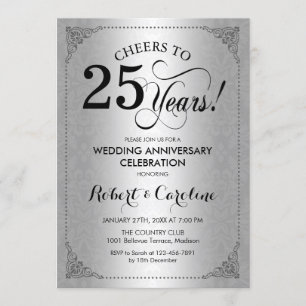 25th Wedding Anniversary - Silver Black Damask Invitation