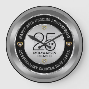 25th Wedding Anniversary Silver & Black Large Clock
