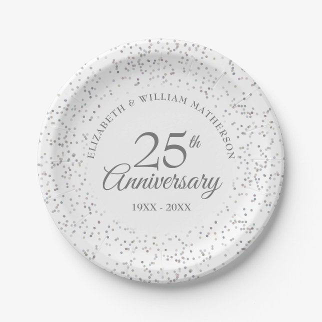 25th Wedding Anniversary Silver Confetti Modern Paper Plate (Front)