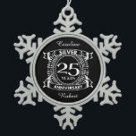 25th wedding anniversary silver crest snowflake pewter christmas ornament<br><div class="desc">A romantic design to celebrate your 25th year of marriage. If you would like any help customising this design please contact me, their is an ask this designer button, just below this text. This twenty fifth, 25 years wedding anniversary crest has the text silver as that is the traditional gift...</div>
