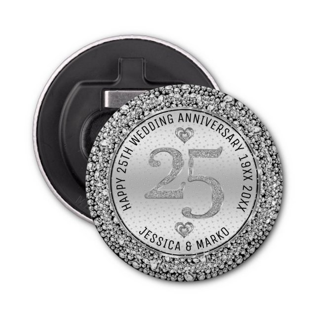 25th wedding anniversary silver & diamonds bottle opener (Front)