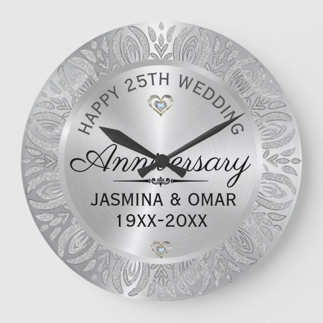 25th Wedding Anniversary Silver & Diamonds Large Clock (Front)