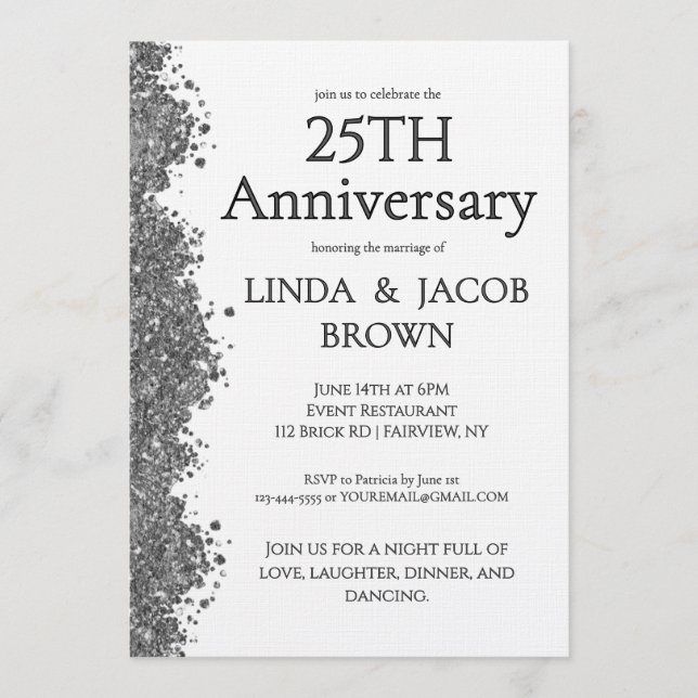 25th Wedding Anniversary Silver Faux Glitter  Invitation (Front)