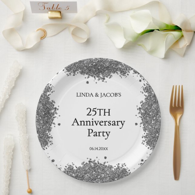 25th Wedding Anniversary Silver Faux Glitter  Paper Plate (Wedding)