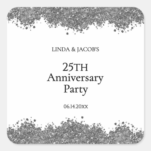 25th Wedding Anniversary Silver Faux Glitter  Square Sticker (Front)