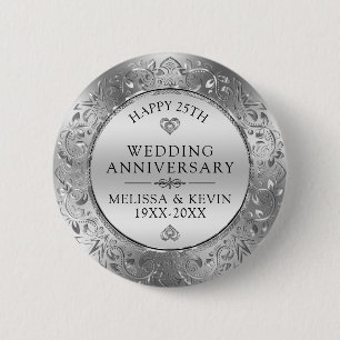 25th wedding anniversary Silver Floral Frame 6 Cm Round Badge