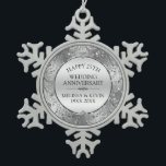 25th wedding anniversary Silver Floral Frame Snowflake Pewter Christmas Ornament<br><div class="desc">Elegant 25th wedding anniversary shiny silver floral swirls circle frame,  customisable template.</div>
