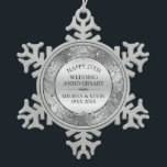 25th wedding anniversary Silver Floral Frame Snowflake Pewter Christmas Ornament<br><div class="desc">Elegant 25th wedding anniversary shiny silver floral swirls circle frame,  customisable template.</div>