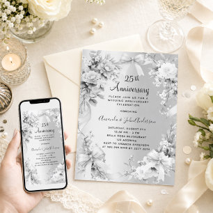 25th wedding anniversary silver florals bows invitation