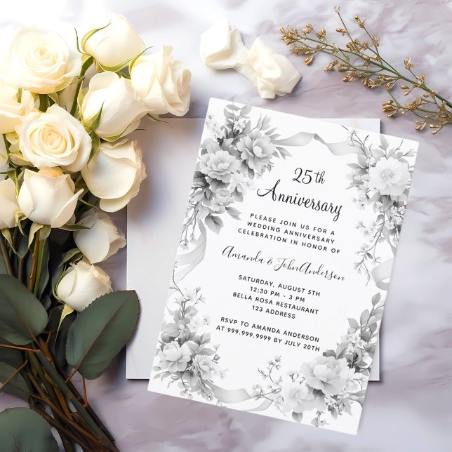 25th wedding anniversary silver florals invitation (Creator Uploaded)