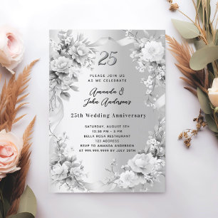 25th wedding anniversary silver florals invitation