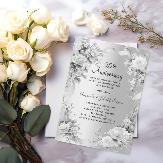 25th wedding anniversary silver florals luxury invitation (Creator Uploaded)