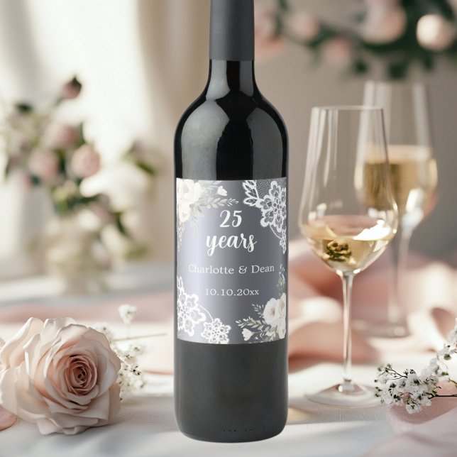 25th wedding anniversary silver florals wine label (Creator Uploaded)