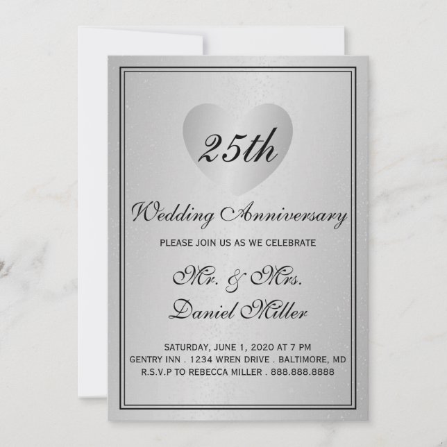 25th Wedding Anniversary Silver Glam Heart Invitation (Front)