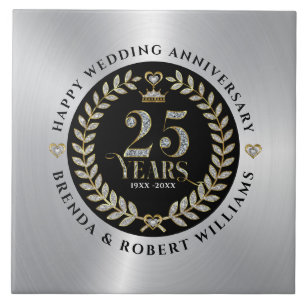 25th wedding anniversary silver glitter and gold ceramic tile