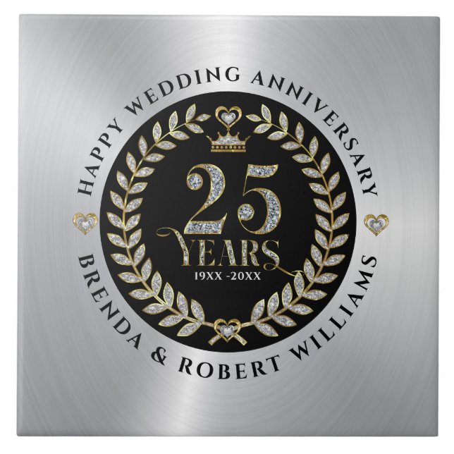 25th wedding anniversary silver glitter and gold ceramic tile (Front)
