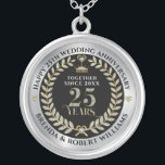 25th wedding anniversary silver glitter and gold silver plated necklace<br><div class="desc">Elegant white glitter and gold 25 years wedding anniversary with metallic silver and black background.
Customisable silver wedding template.</div>