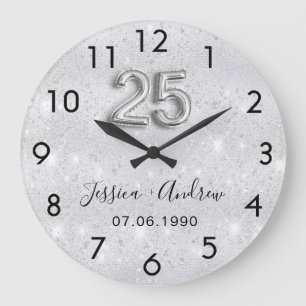 25th wedding anniversary silver glitter dust large clock
