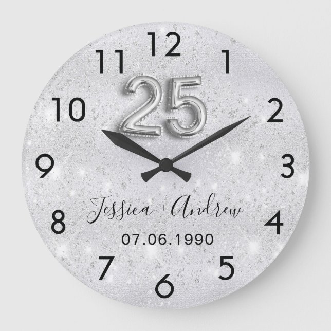 25th wedding anniversary silver glitter dust large clock (Front)