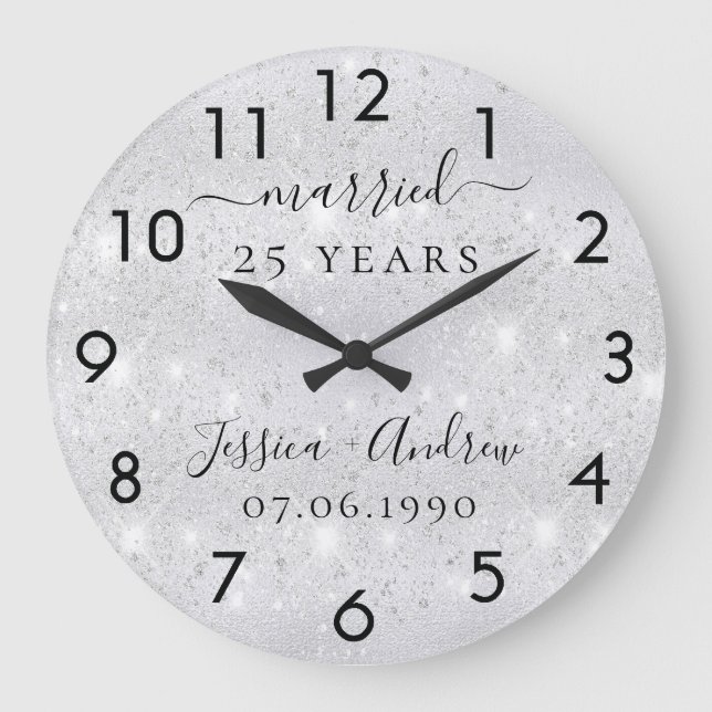 25th wedding anniversary silver glitter dust large clock (Front)