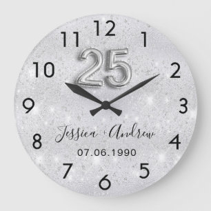 25th wedding anniversary silver glitter large clock