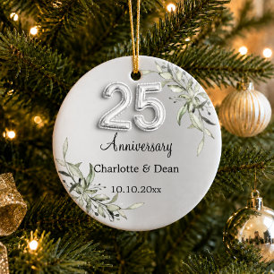 25th wedding anniversary silver greenery ceramic ornament
