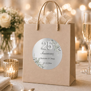 25th wedding anniversary silver greenery classic round sticker