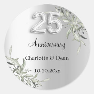 25th wedding anniversary silver greenery classic round sticker