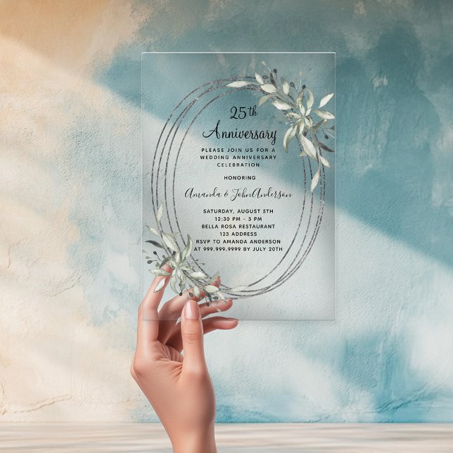 25th wedding anniversary silver greenery clear acrylic invitations (Creator Uploaded)