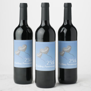 25th Wedding Anniversary silver heart balloon Wine Label