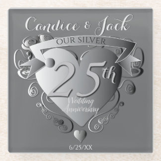25th Wedding Anniversary Silver Heart Emblem Glass Coaster